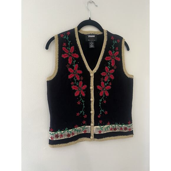 Vintage Studio Joy Embroidered Knit Christmas sweater Vest petite small festive - Picture 3 of 7